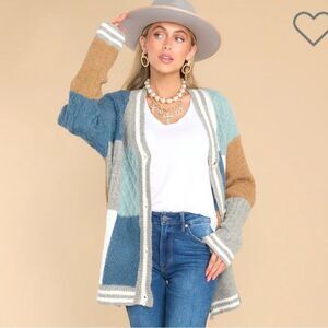 Fable Stunning Significance Colorblock Cardigan Cable Knit Sweater Ash Blue M/L